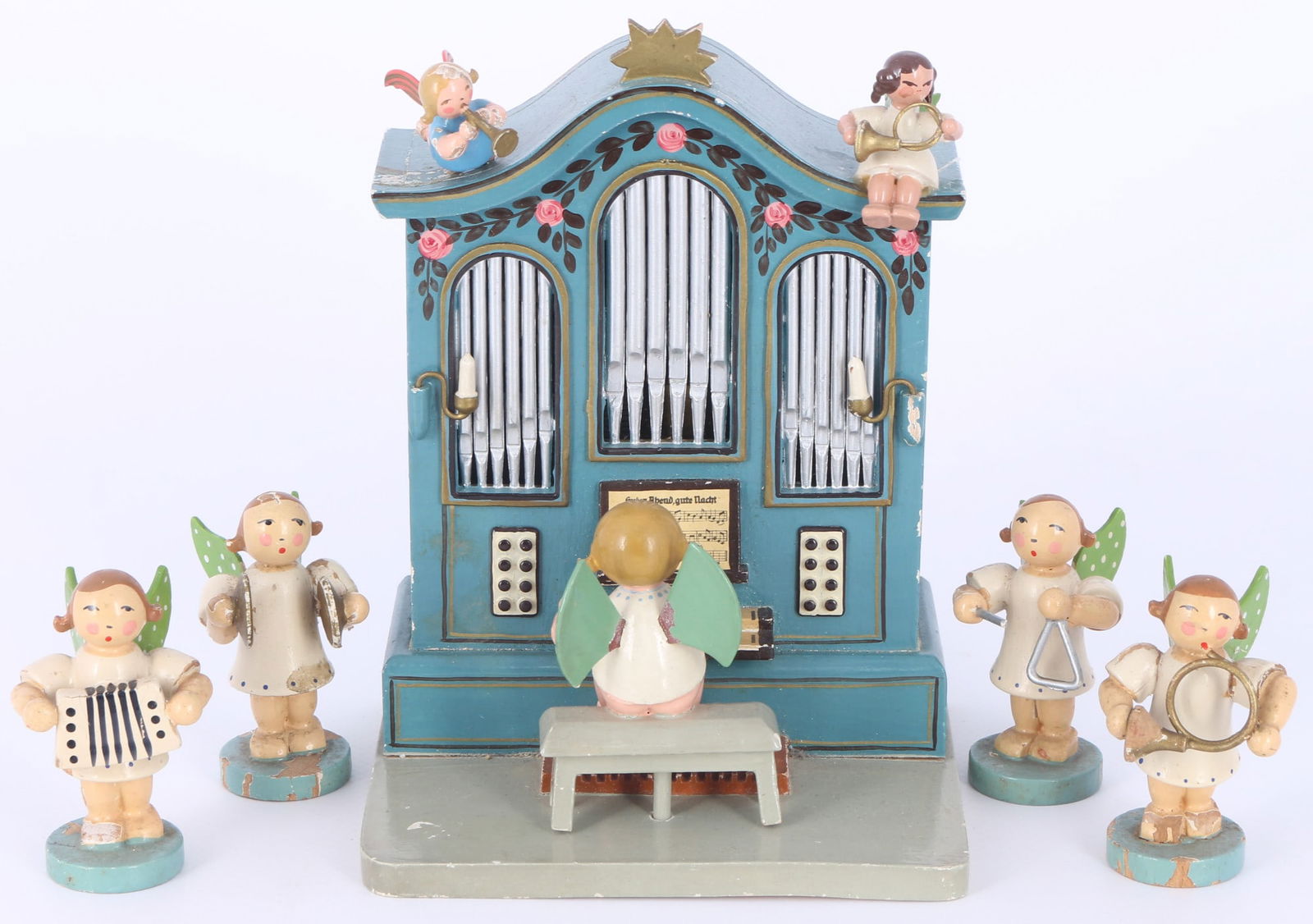 Wendt & Kühn organ with music box with 4 Grünhainichen angel musicians,: wood, organ with Expertic Sticker (from 1968) - musicians not W&K, 1x Wendt&Kühn organ with music box H 15 cm x W 10.5 cm x D 9 cm, 4x angels H approx. 5.5 cm, paint chips, abrasion