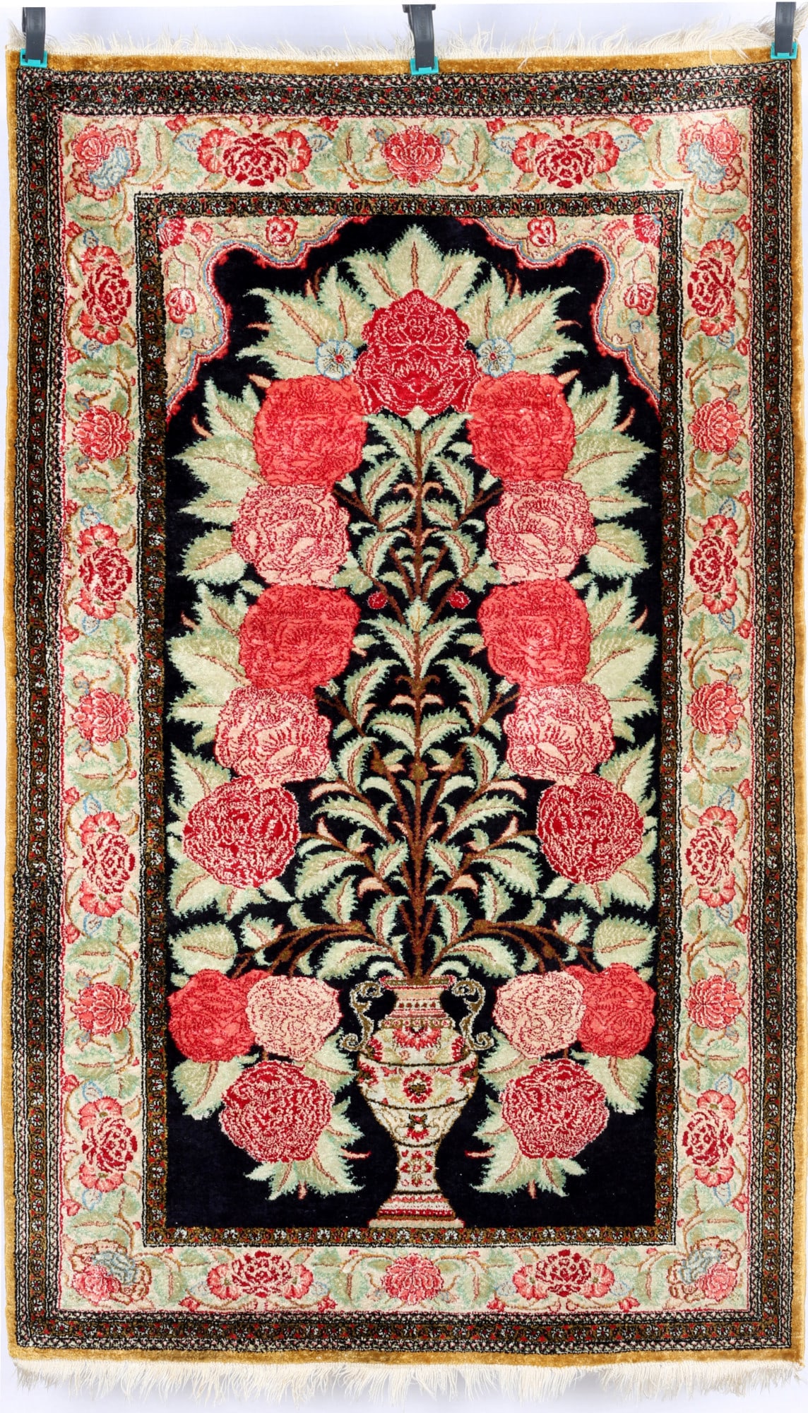 Ghom silk carpet,: silk on silk, hand-knotted persian carpet, length 133 cm x W 80 cm, knot approx. 800,000 sqm, traces of age