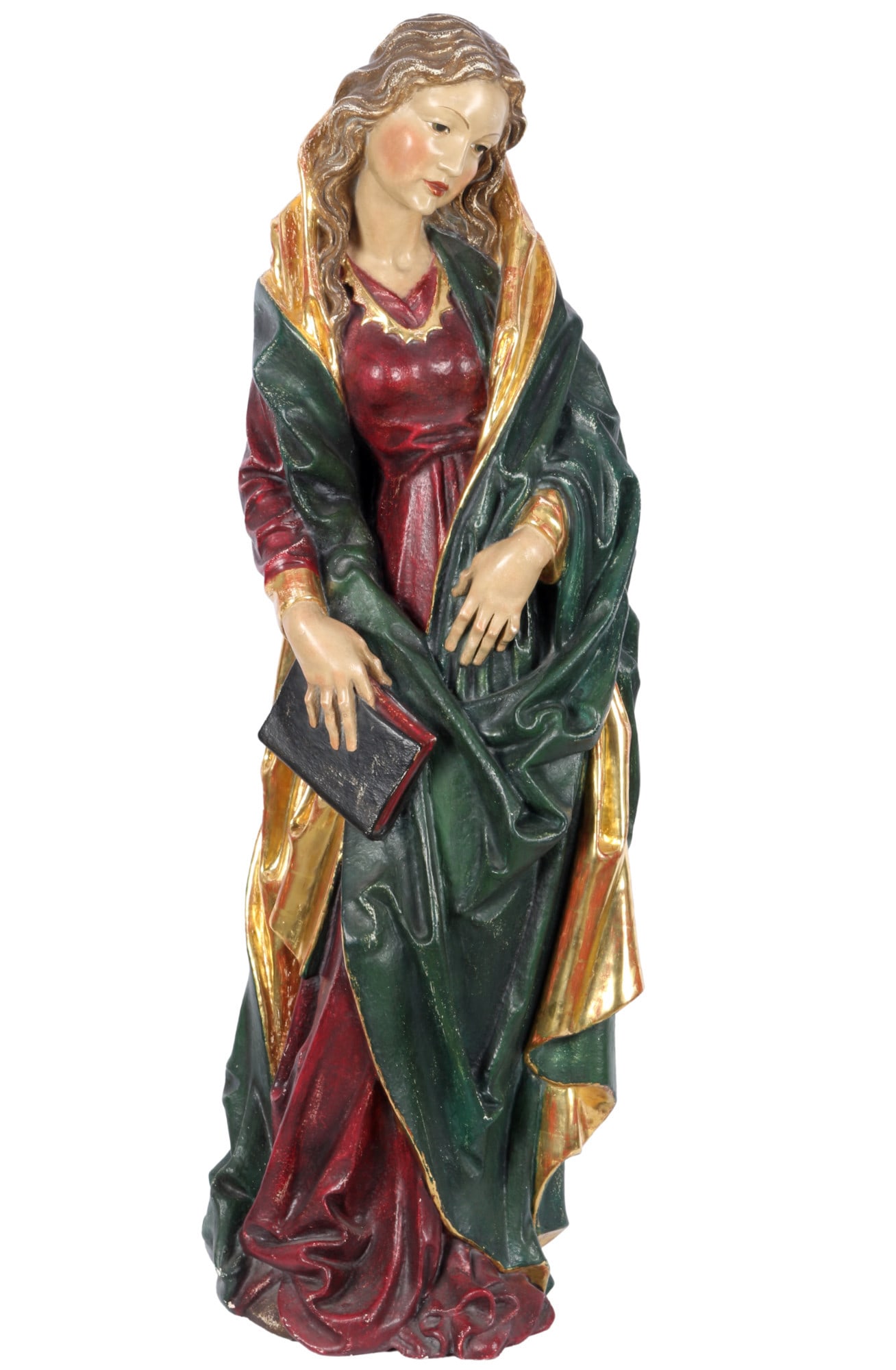 Large statue of a saint - Annunciation of the Lord / Annunciation of the Virgin Mary - Annuntiatio: wood, carved / colored, 1st half of the 20th century, depiction of the Holy Mary reading a Bible - Annunciation of the Lord / Annunciation, H 93.5 cm x W 32 cm x D 18 cm, color abrasion