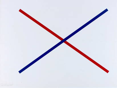 Reiner RUTHENBECK (1937-2016) Blue and red crossover,: Screen print, hand-signed on the left by Ruthenbeck, German sculptor and conceptual artist born in 1937 in Velbert - 2016 Ratingen, sheet size H 42 cm x W 59.5 cm, glazed frame 51 cm x 61 cm