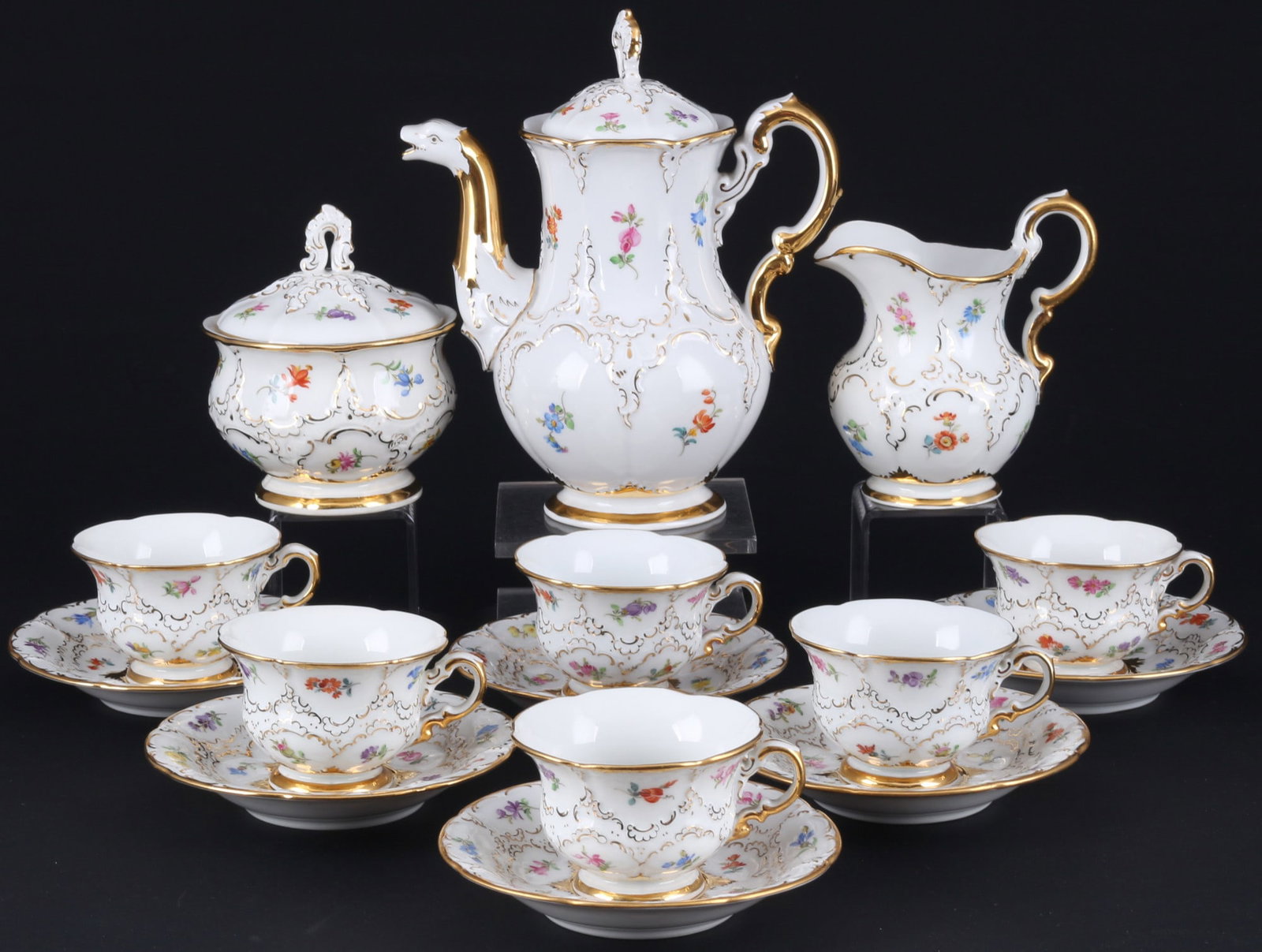 Meissen B-Form Strewn Flowers mocha service for 6 persons 1st choice,: 15-piece porcelain, blue sword mark 1st choice, decor B-Form with Strewn Flowers, spray gold, decor no. 010198, 1x mocha pot H 19.5 cm x D 10.5 cm, 1x milk jug H 12 cm, 1x sugar box H 12 cm x D 10 cm,