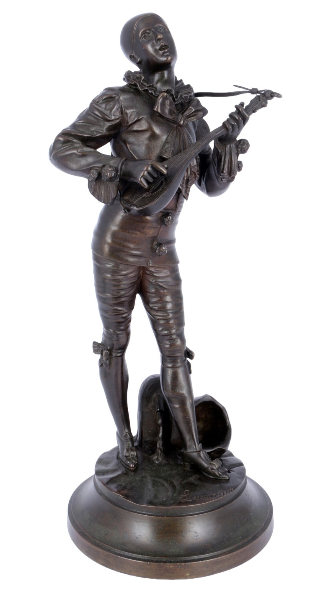 Adolphe Jean LAVERGNE (1863-1892) Bronze large Pierrot with mandolin,: bronze patinated, signed on the plinth Lavergne, Pierrot with mandolin, H 39 cm x L 16 cm x D 16 cm, weight approx. 4.3 kg