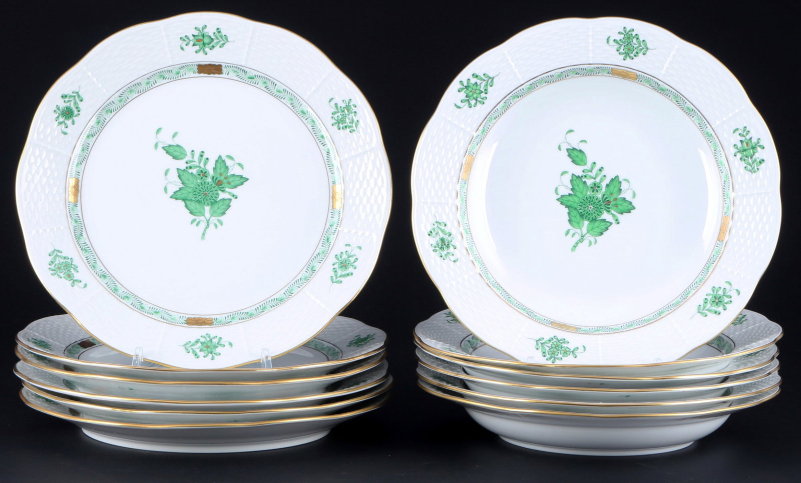 Herend Apponyi Vert 6 dinner plates and 6 soup plates,: porcelain, Hungary 20th century, blue company mark, decor AV Apponyi Vert, 6x dinner plates #524 D 25.5 cm, 6x soup plates #503 D 24.5 cm