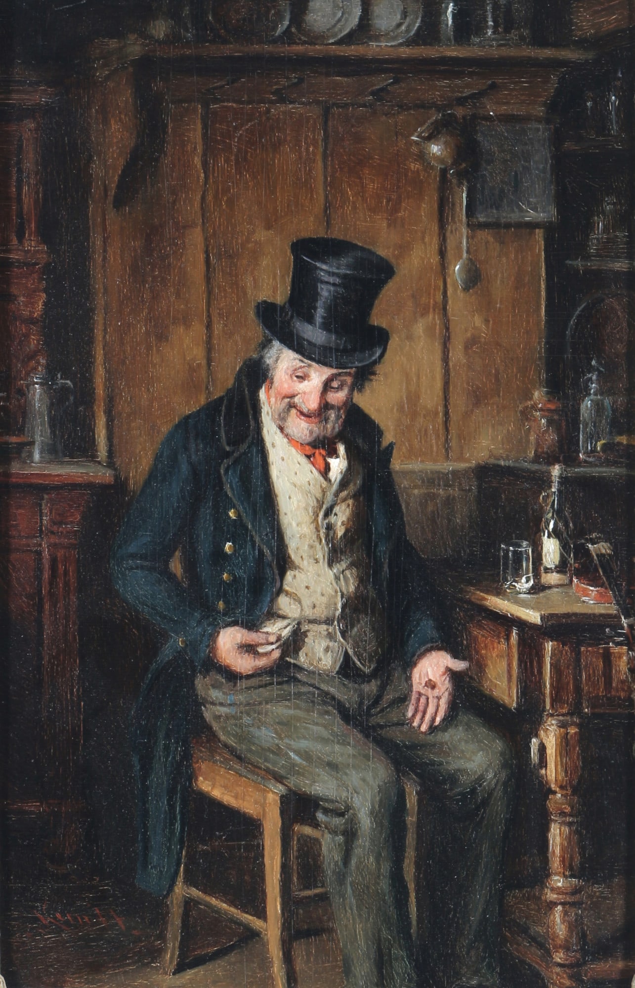 Hermann KERN (1838-1912) The Last Journeyman,: Oil/wood, signed bottom left H. Kern, Austrian painter born 1838 in Liptovsky Hradok - 1912 Maria-Enzersdorf, on the back old sticker with title The Last Journeyman and wax seal, H 46.5 cm x W 30.5 cm