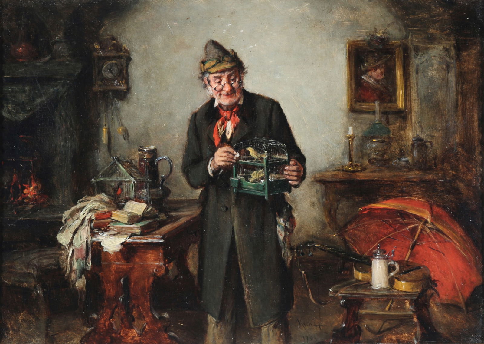 Hermann KERN (1838-1912) bird lover 1909,: Oil/canvas, signed H. Kern on the bottom right, inscribed and dated by the artist on the back "La reproduction est defendu K.H. 1909" and with wax seal, Austrian painter born 1838 in Liptovsky Hradok