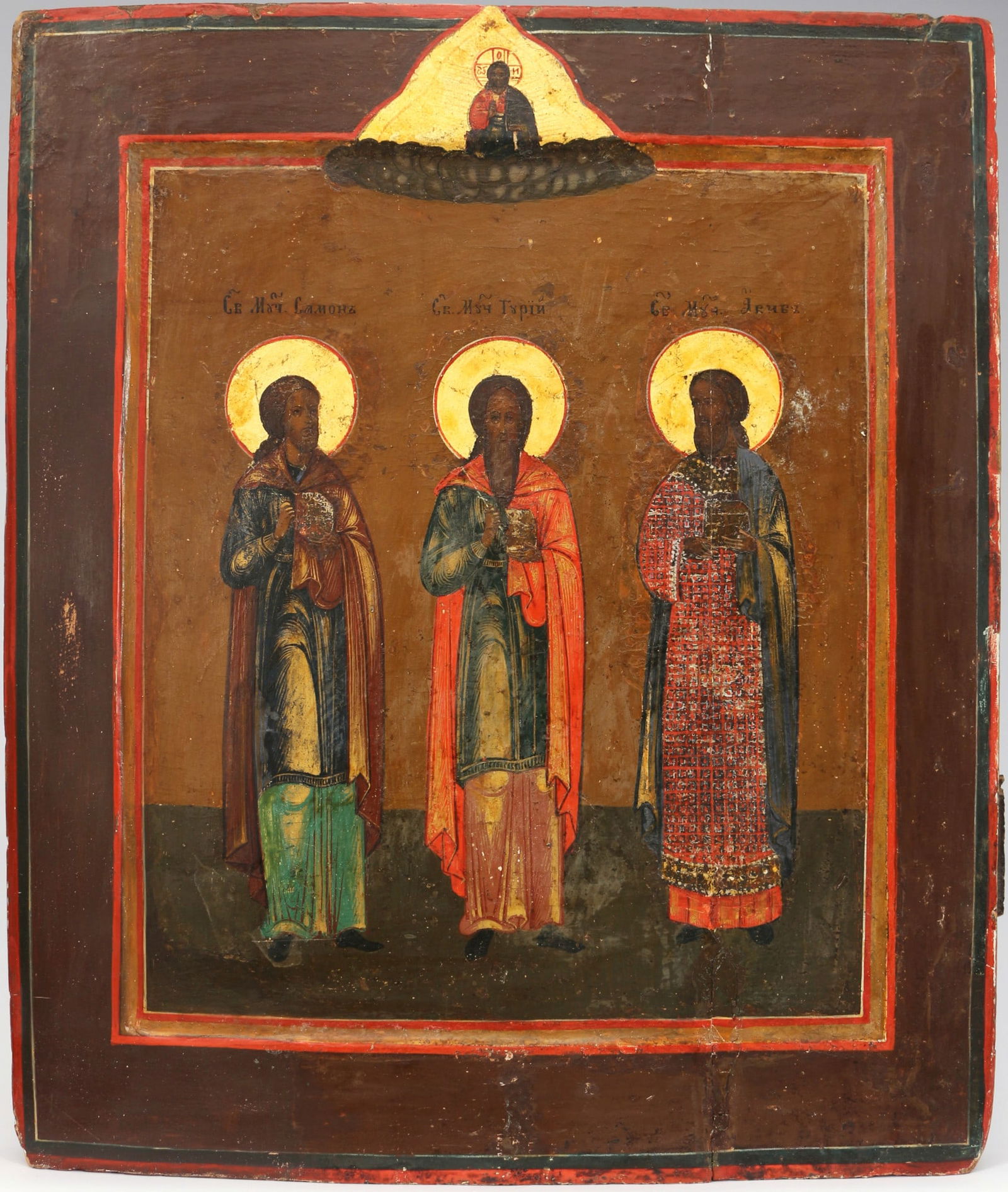Russia icon of the Three Kings - 19th century,: wood, Russia, 19th century, egg tempera on chalk ground, depiction of the Three Kings - Caspar, Melchior and Balthazar, reverse sponki present, H 35.5 cm x W 30.5 cm, traces of age, abrasion, breakage