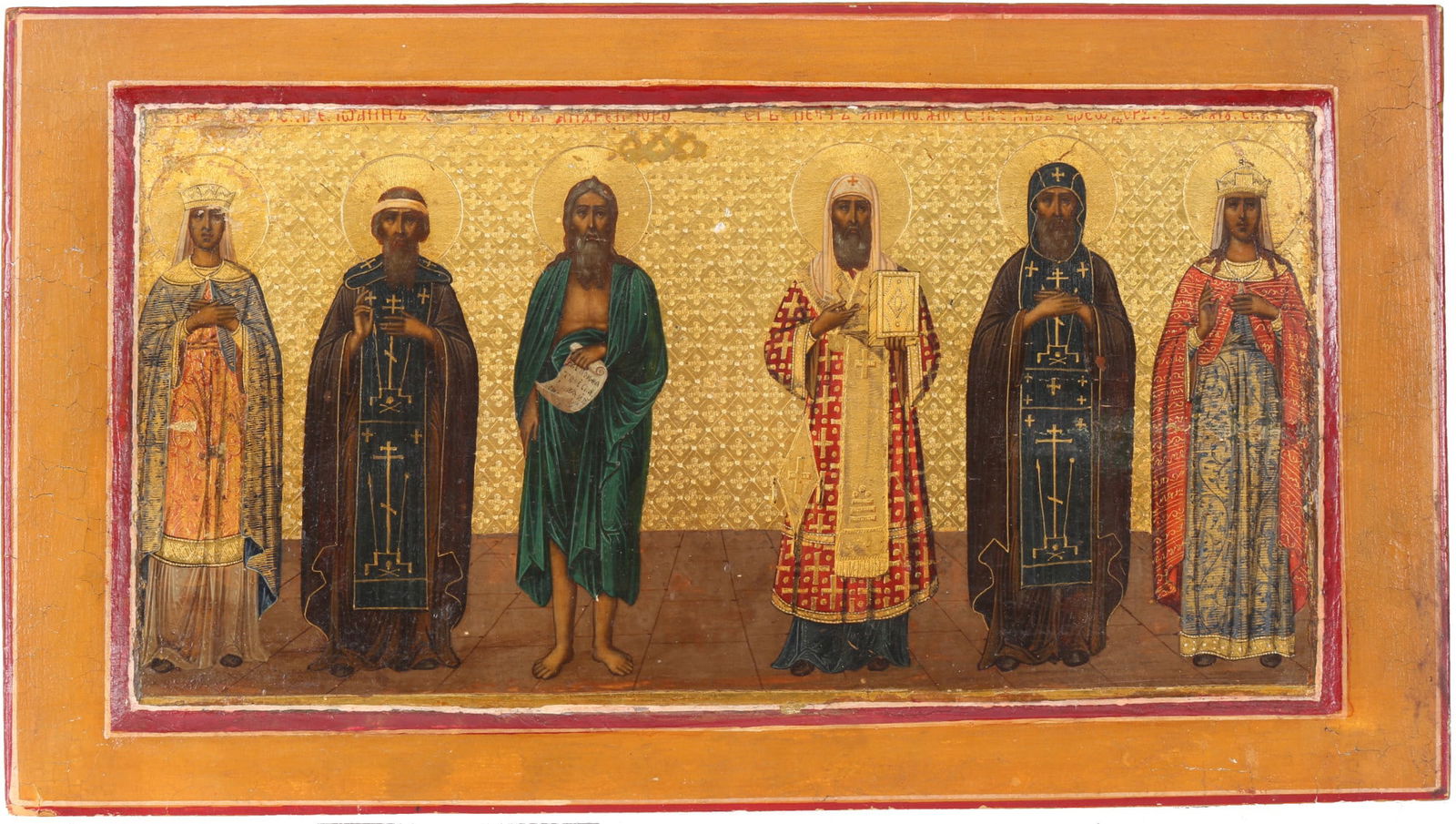 Russia icon with six saints 19th century,: Russia, egg tempera on chalk/gold ground, painted on wooden panel, depiction of 6 saints - from left to right: Princess Olga, Saint Ivan, Saint Andrew, Metropolitan of Kiev/Russia Peter (1307-1326), S