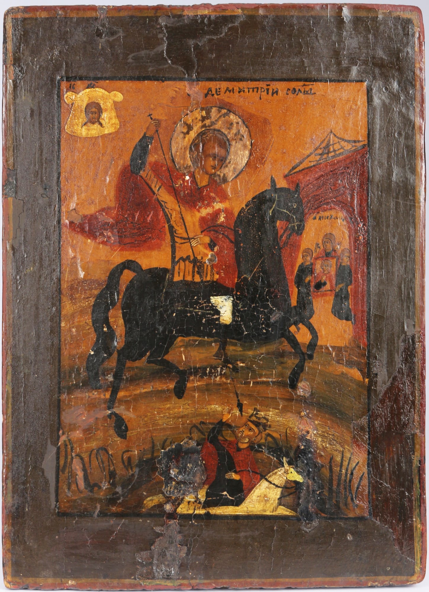 Greece icon of Saint Demetrius - 18th/19th century,: wood, Greece, 18th/19th century, egg tempera on chalk ground, painted on wooden panel, depiction of Saint Demetrius, H 30 cm x W 22 cm, traces of age, paint chips, abrasion
