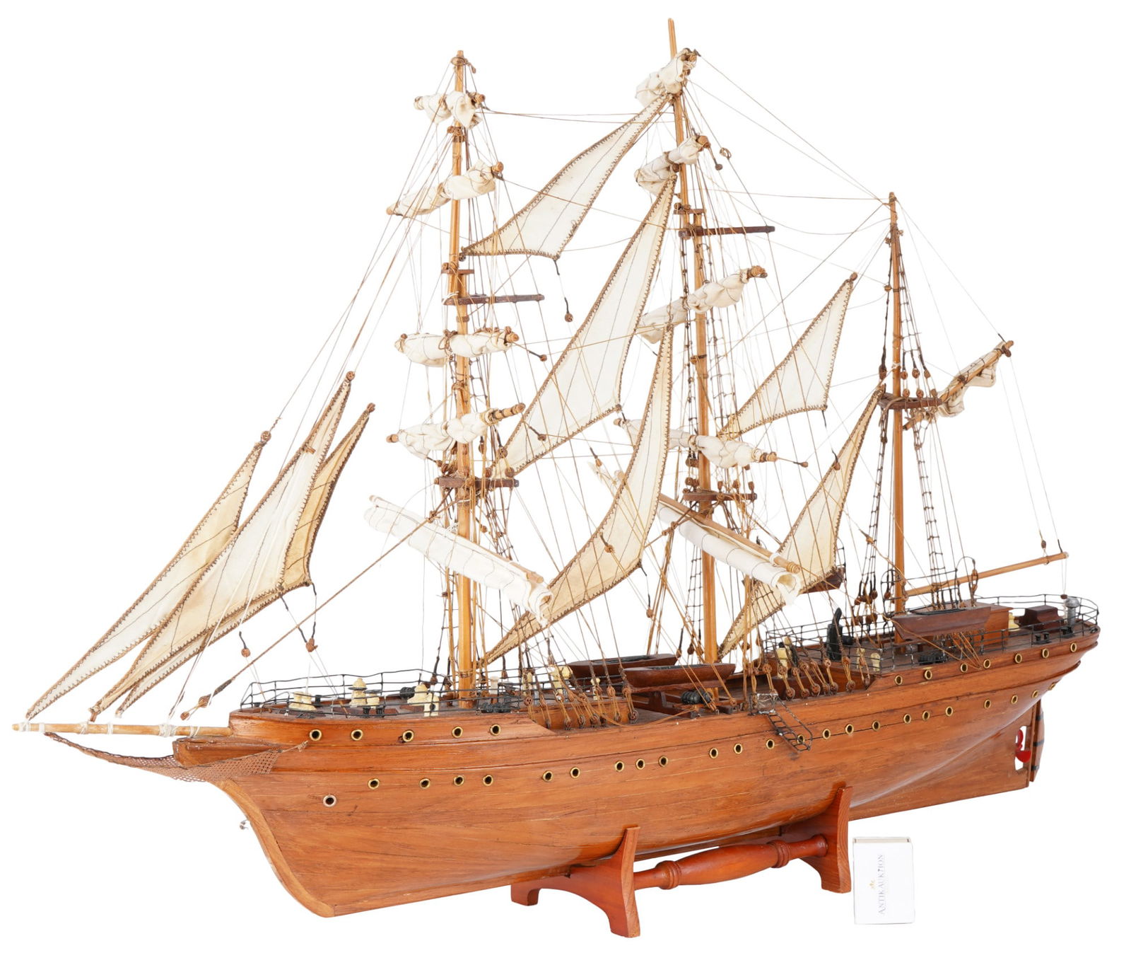 Large model ship Gorch Fock, L 88 cm,: Wooden, large model ship on a loose wooden stand, H 59 cm x L 88 cm x W 25 cm. This model impresses with its extremely fine and detailed craftsmanship. The hull is made entirely of solid wood, complem
