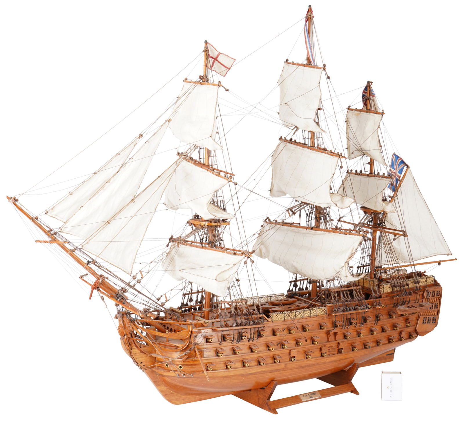 Large model ship HMS Victory 1805, L 100 cm,: Wood, mid-20th century, large model ship on a loose wooden stand, H 75 cm x L 100 cm x W 32 cm. This model impresses with its extremely fine and detailed craftsmanship. The hull is made entirely of so