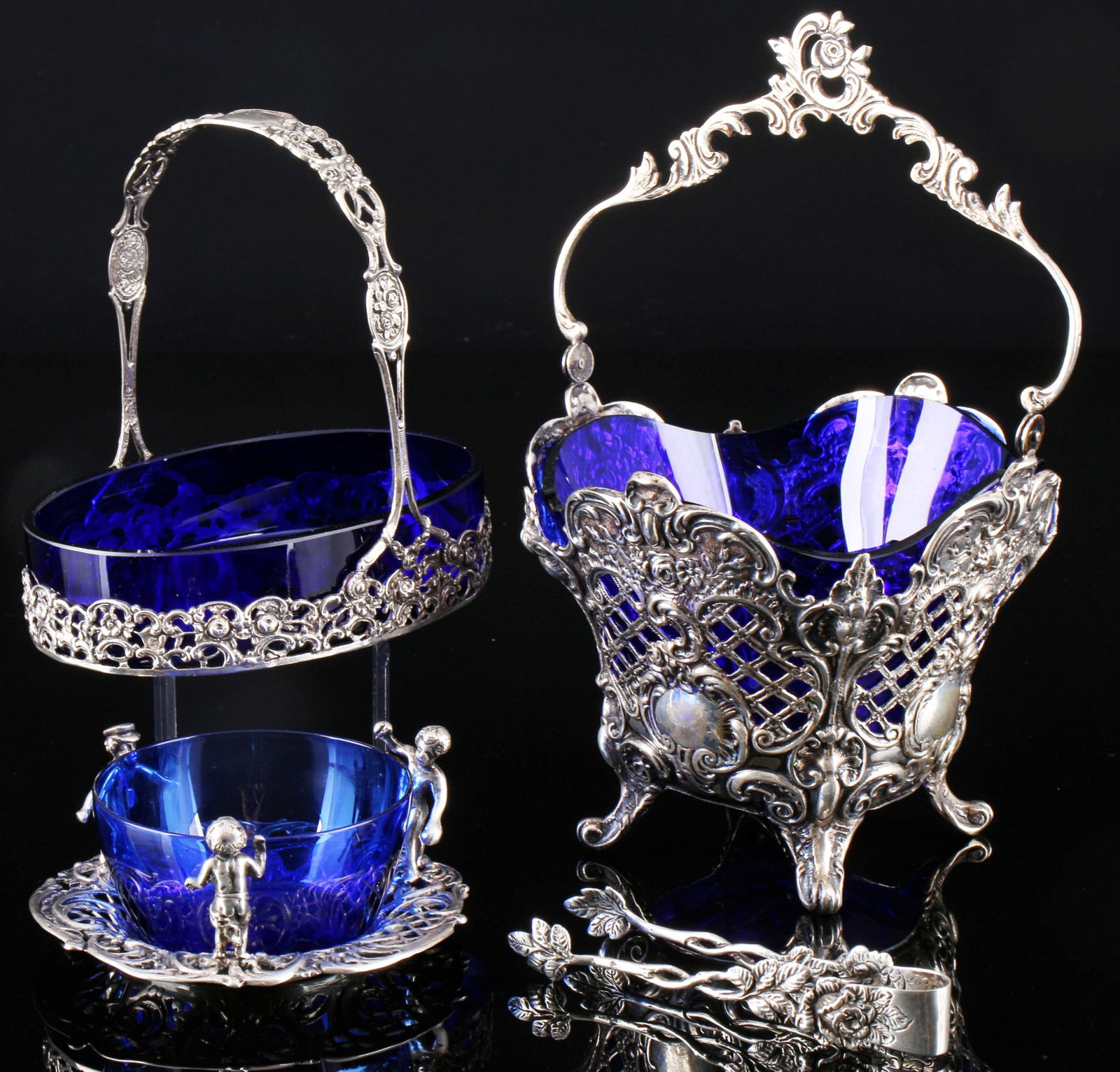 800 / 835 silver sugar basket with handle bowl and sugar bowl - royal blue glass inserts, (1 of 6)
