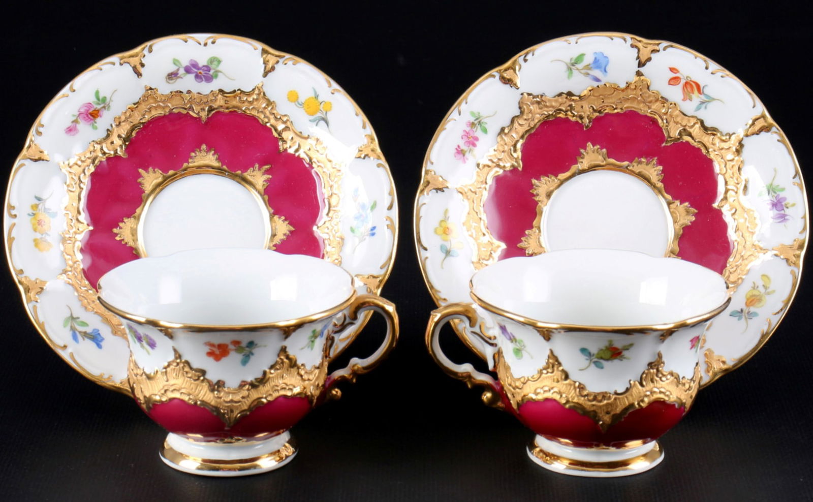 Meissen B-Form Strewn Flowers purple 2 mocha cups with saucers, (1 of 3)