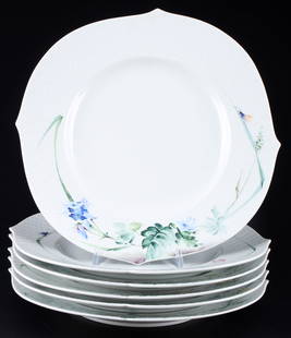 Meissen Woodland Flora Waves 6 dinner plates 1st choice - motifs 1 to 6,: porcelain, blue sword mark 1st choice, design by Sabine WACHS (1960), shape Waves, decor Woodland Flora, decor no. 614501 / numbered from 1 to 6, painter no. 305, shape no. 29479, manufactured 1996,