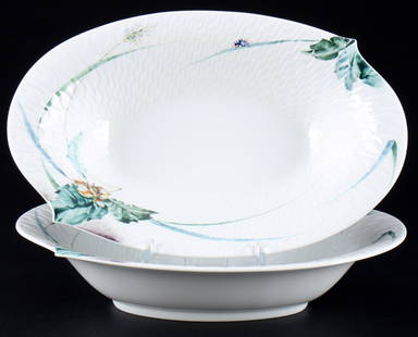 Meissen Woodland Flora Waves 2 oval bowls 1st choice,: porcelain, blue sword mark 1st choice, design by Sabine WACHS (1960), shape Waves, decor Woodland Flora, decor no. 614501, painter no. 304, shape no. 29281, 2x H 6 cm x L 28 cm x W 18 cm