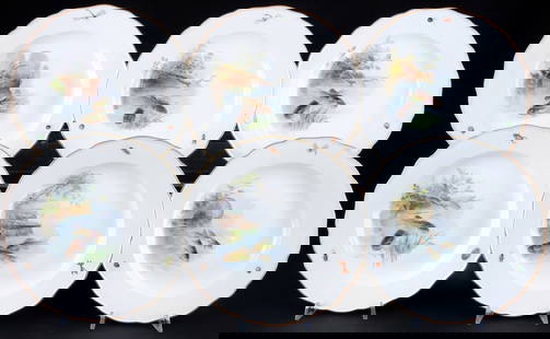 Meissen Fish Painting 6 dinner plates 1st choice - knob mark,: porcelain, blue sword mark 1st choice, knob mark 1815-1924, decor fish painting - with insects on the rim, 6x D 25 cm, rubbed
