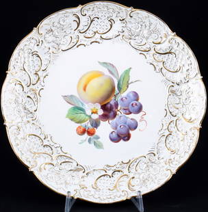 Meissen Fruit Painting splendor bowl 1st choice - knob mark,: porcelain, blue swords mark, 1st quality, knob mark 1815–1924, decoration Fruit painting with relief decoration, model no. Z83b, H 4 cm x D 28.5 cm, gold abrasion
