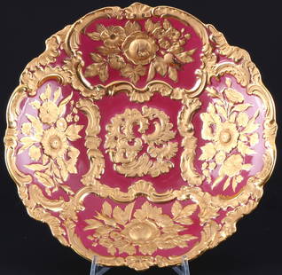 Meissen splendor bowl purple with flower relief 1st choice,: porcelain, blue sword mark 1st choice, decor purple ground and floral relief, gold bronze, decor no. 992099, manufactured 1979, H 6.5 cm x D 31 cm, slight gold abrasion