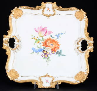 Meissen Flower Bouquet large splendor tray 1st choice,: Porcelain, blue sword mark 1st choice, decor Flower Bouquet, relief decoration and gold staffage, H 5 cm x L 41 cm x W 41 cm, slight gold abrasion