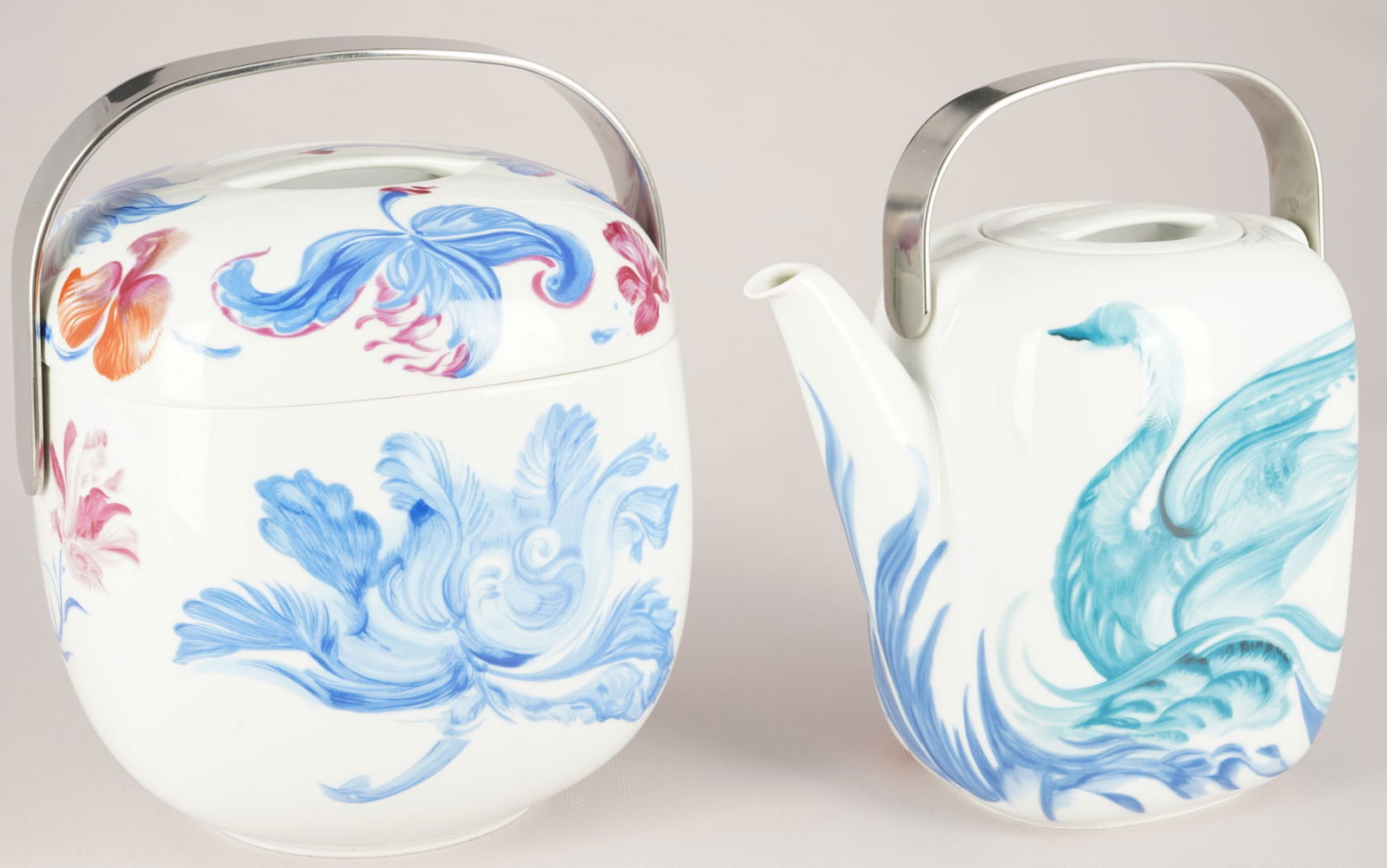 Rosenthal Suomi Ernst Fuchs coffee pot and lidded box - limited art series,: porcelain, green company mark - jubilee year 1979/1980, decor Ernst Fuchs, shape Suomi, shape design Timo SARPANEVA (1926-2006), limited edition 90/500, 1x coffee pot H 16.5 cm (with handle H 20.5 cm)