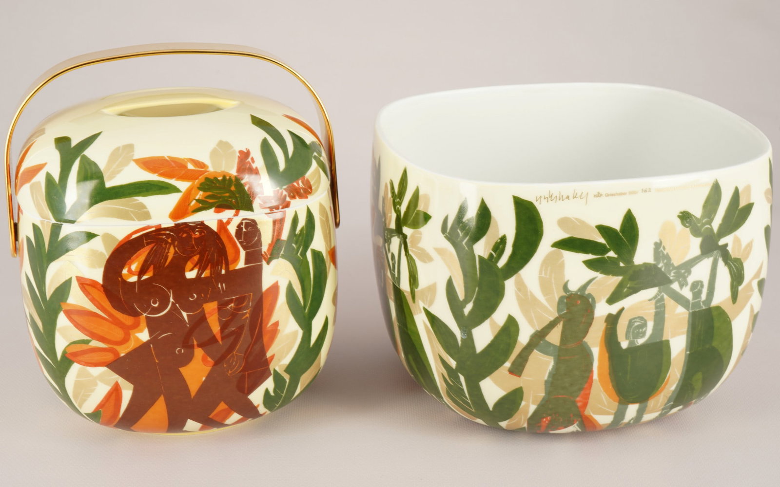 Rosenthal Suomi HAP Grieshaber lidded box with cachepot - limited art series,: porcelain, green company mark, decor Helmut Andreas Paul Grieshaber, shape Suomi, shape design Timo SARPANEVA (1926-2006), limited edition 162 and 169/500, 1x lid bowl H 18 cm (with handle H 21 cm) x