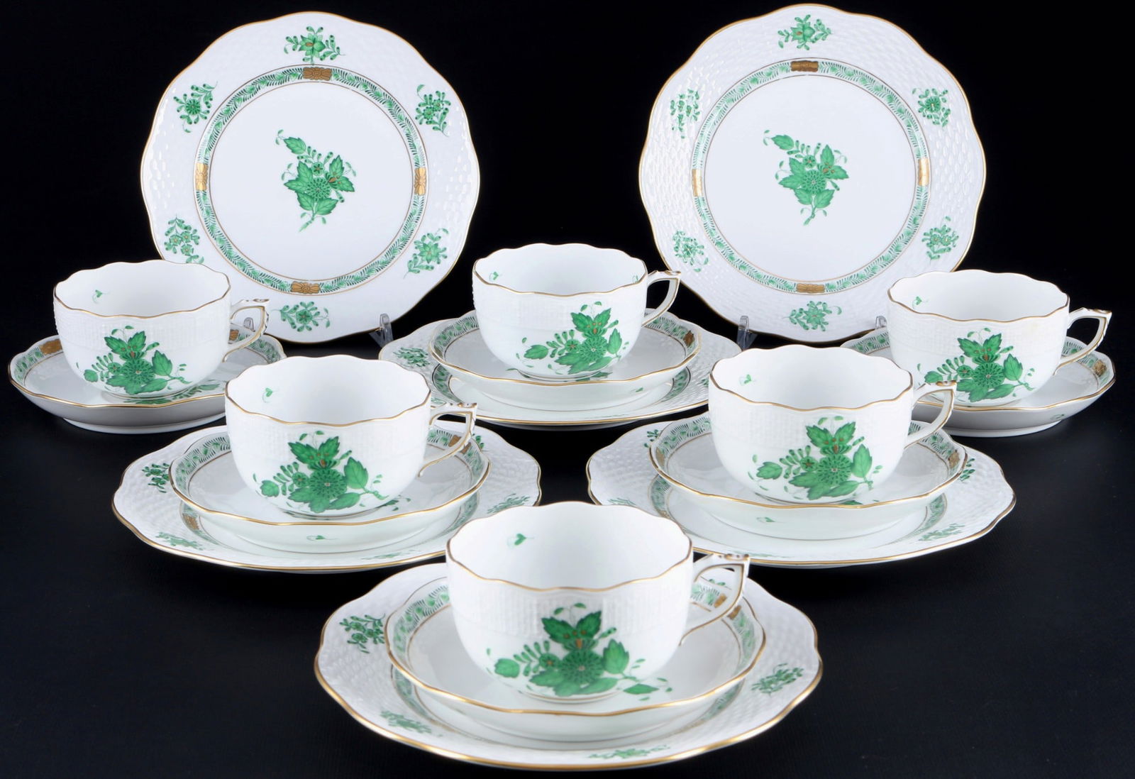 Herend Apponyi Vert 6 tea cups with dessert plates, (1 of 3)
