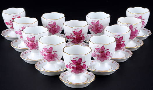 Herend Apponyi Purple 12 egg cups,: porcelain, Hungary 20th Century, blue company mark, decor AP Apponyi Purple, model no. 265, 12x H 6 cm x D 4.5 cm