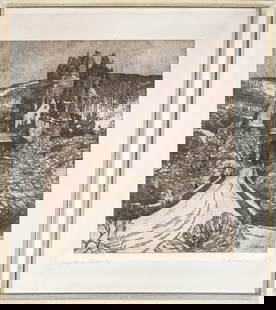 Josef KOHLSCHEIN d.J. (1884-1958) Eltz Castle in the winter of 1919,: Etching on paper with watermark, signed lower right by J. Kohlschein the Younger and titled on the left by Burg Eltz in Winter 1919, Josef Kohlschein the Younger, German painter, draftsman and