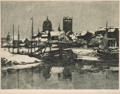 Max CLARENBACH (1880-1952) Winter Day 1915,: Etching on paper, signed and dated lower right M. Clarenbach Wintertag 1915 , German painter of the Düsseldorf School of Painting, born 1880 in Neuss - 1952 in Wittlaer, passepartout cutout H 46 cm