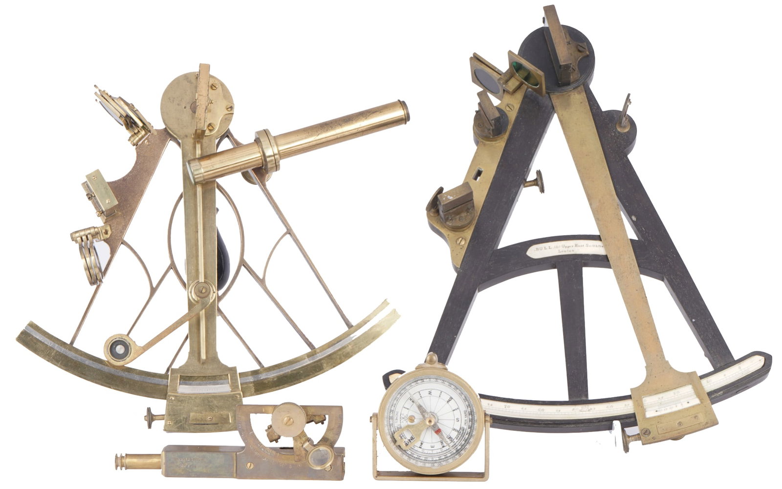 4 navigation / surveying instruments - sextant, octant, clinometer and compass,: brass/wood/glass, England, 1x sextant J.W. Norie & Co. London 19th century, arc radius approx. 22.5 cm, H 27.5 cm x W 31.5 cm, 1x octant bull London 19th century, arc radius approx. 30 cm, H 35 cm x W