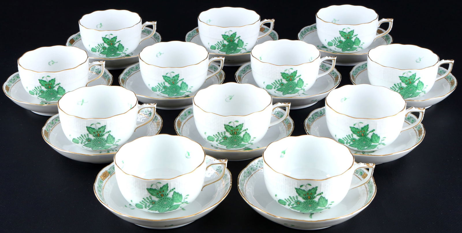 Herend Apponyi Vert 12 tea cups with saucers,: 24-piece porcelain, Hungary 20th century, blue company mark, decor AV Apponyi Vert, model no. 704, 12x tea cups H 5.5 cm x D 9 cm, 12x saucers D 13.5 cm