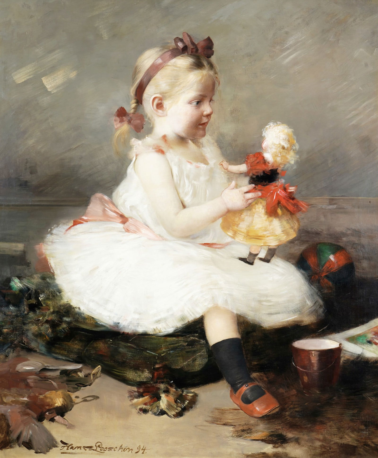 Hans LOOSCHEN (1859-1923) Girl with Doll,: Oil on canvas, signed and dated lower left Hans Looschen (18)94, German painter and student of the Berlin Academy, born 1859 in Berlin - 1923 Berlin, depicting a little girl in a white dress and pink
