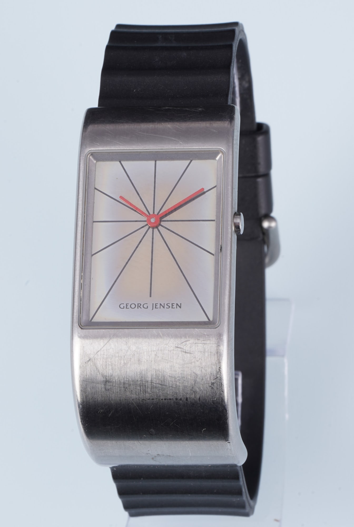 Georg Jensen Ladies Wristwatch 378 by Nanna Ditzel,: L-shaped stainless steel case, designed by Nanna Ditzel, quartz movement, marked on the back with Georg Jensen Denmark + 378 + Design Nanna Ditzel + Swiss Made 00370, Georg Jensen strap with pin buckl