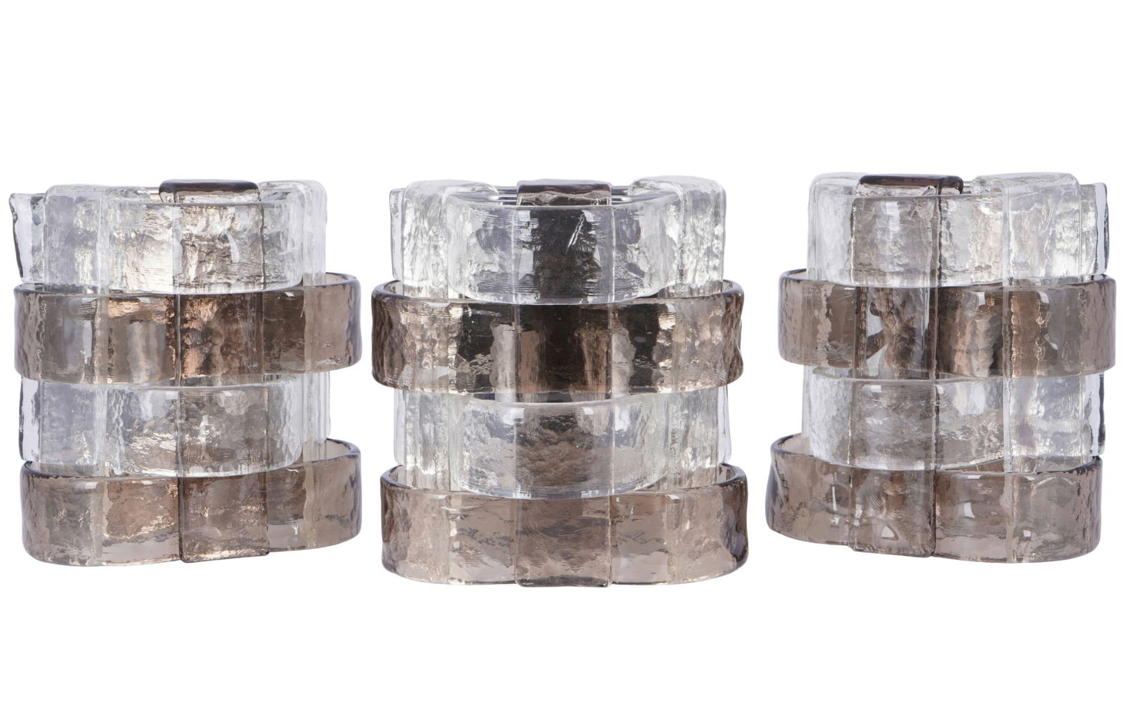Nason NASON (*1935 Murano) 3 Wall Lamps,: Italy 1960s/70s, designed by Carlo Nason (born 1935 Murano) for Mazzega, three wall lamps made of alternating clear and smoky grey Murano glass elements in block form with a textured surface, two ligh