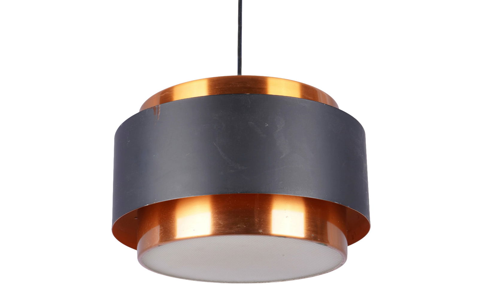 Jo HAMMERBORG (1920-1982) Ceiling lamp Saturn,: Denmark, copper, black lacquered metal, designed by Jo Hammerborg (1920-1982) for Fog & Morup, Saturn model, H 19 cm x D 30 cm, cable length to ceiling finish 218 cm