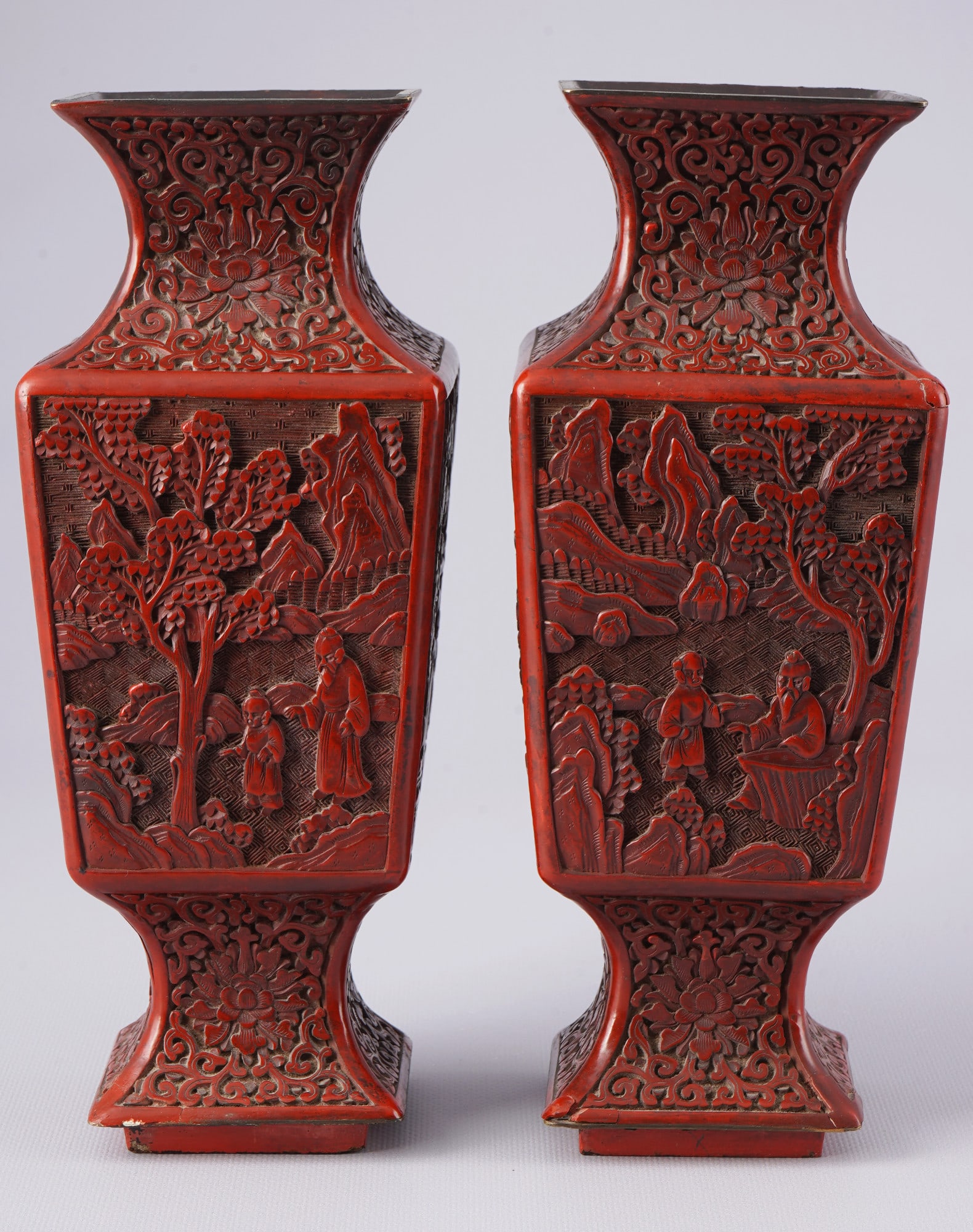 Pair of red lacquer vases with figurative landscape scenes, China Qing Dynasty, (1 of 6)