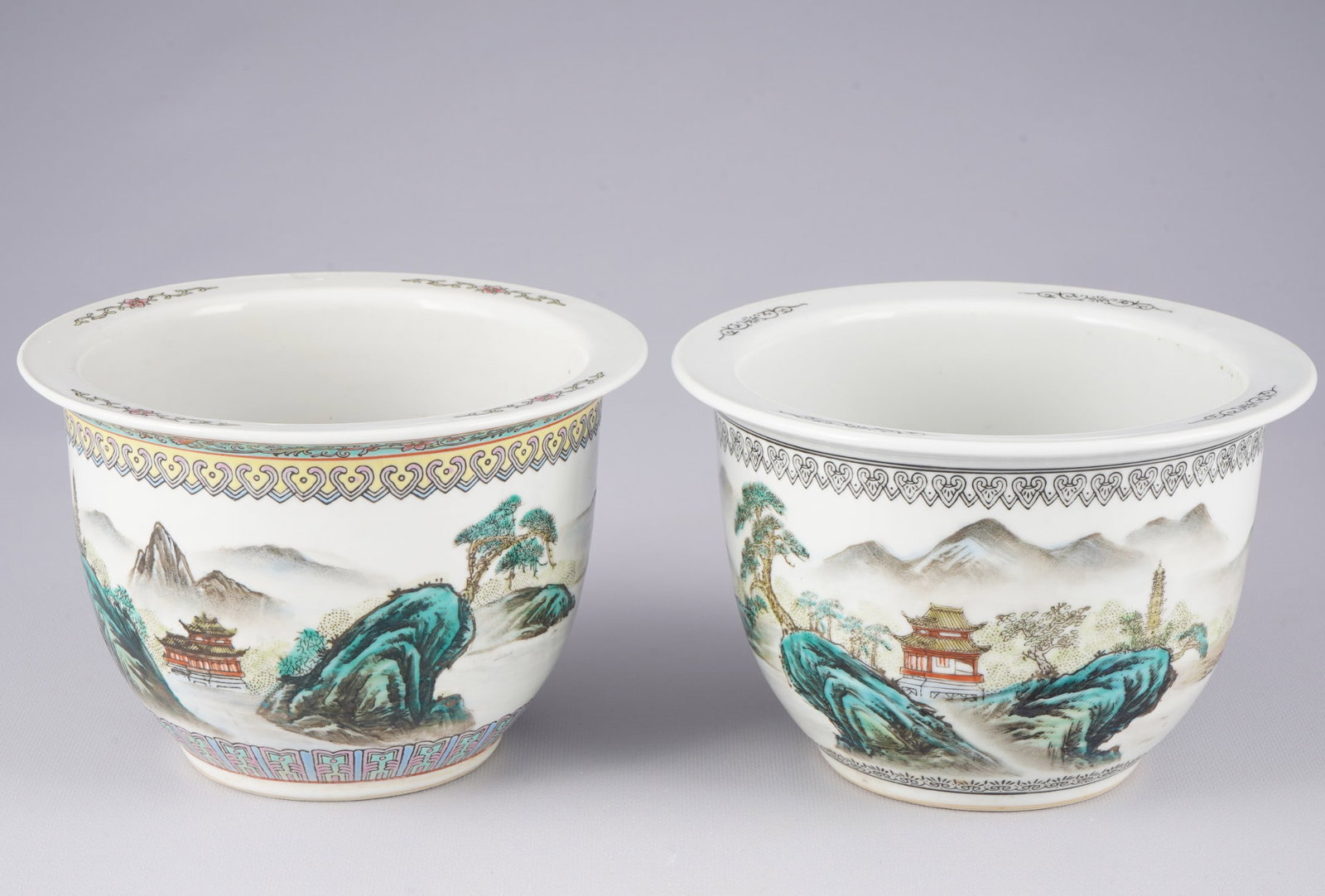 Pair of flower pots, China: Porcelain, China, pair of flower pots with Famille Rose painting, H 13.6 cm x D 20 cm