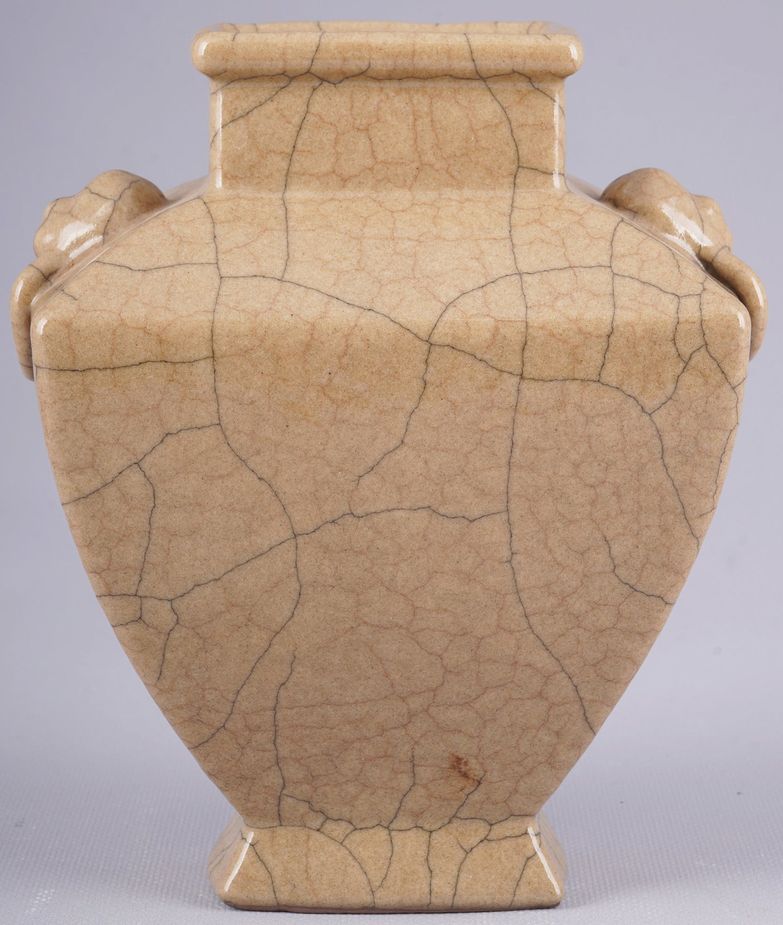 Geyao vase with two ears, China probably southern Song,: Porcelain, China, probably Southern Song Dynasty (1127-1279), a Geyao vase with two animal ears, H 19.8 cm x W 16 cm x D 11.2 cm