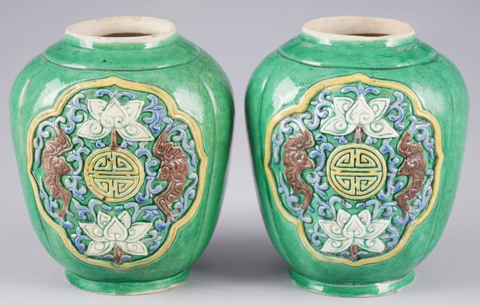 Pair of vases with green base glaze, China Qing Dynasty, (1 of 6)