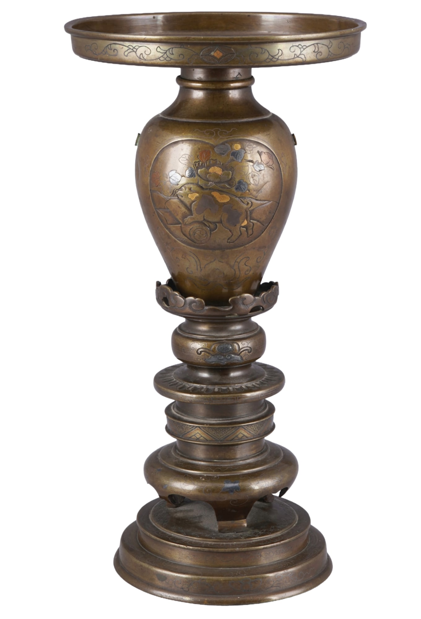 Three-part vase made of silver inlaid bronze, Japan Meiji period,: Bronze, Japan, Meiji period (1868–1912), three-part vase with silver inlay, height 34 cm