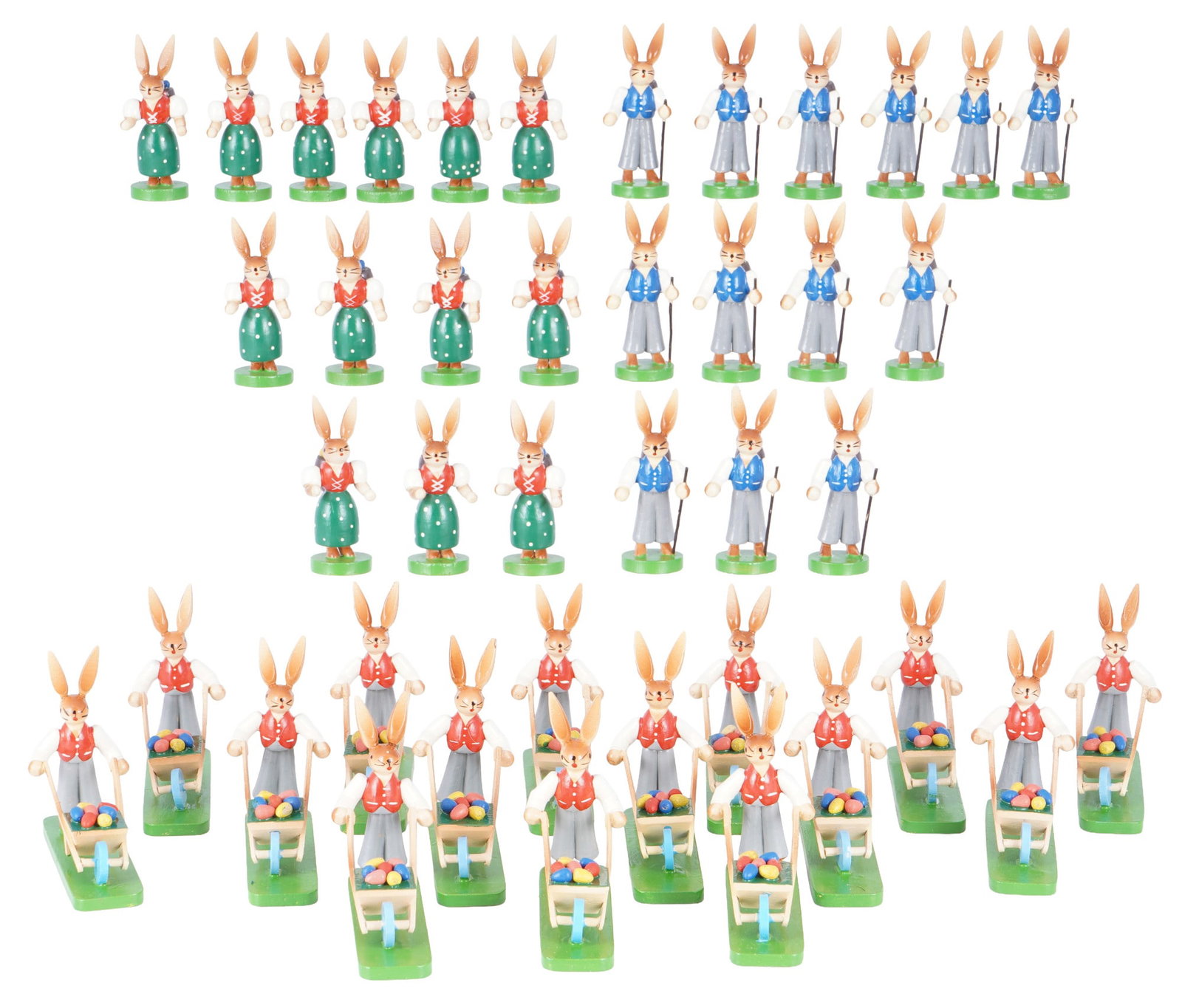 Erzgebirge 42 easter bunnies,: wood, Erzgebirge, stamped on the bottom Made in German Democratic Republic, 26x rabbits with basket and walking stick H 7 cm, 16x rabbits with wheelbarrow H 7 cm x L 9 cm, some eggs glued on
