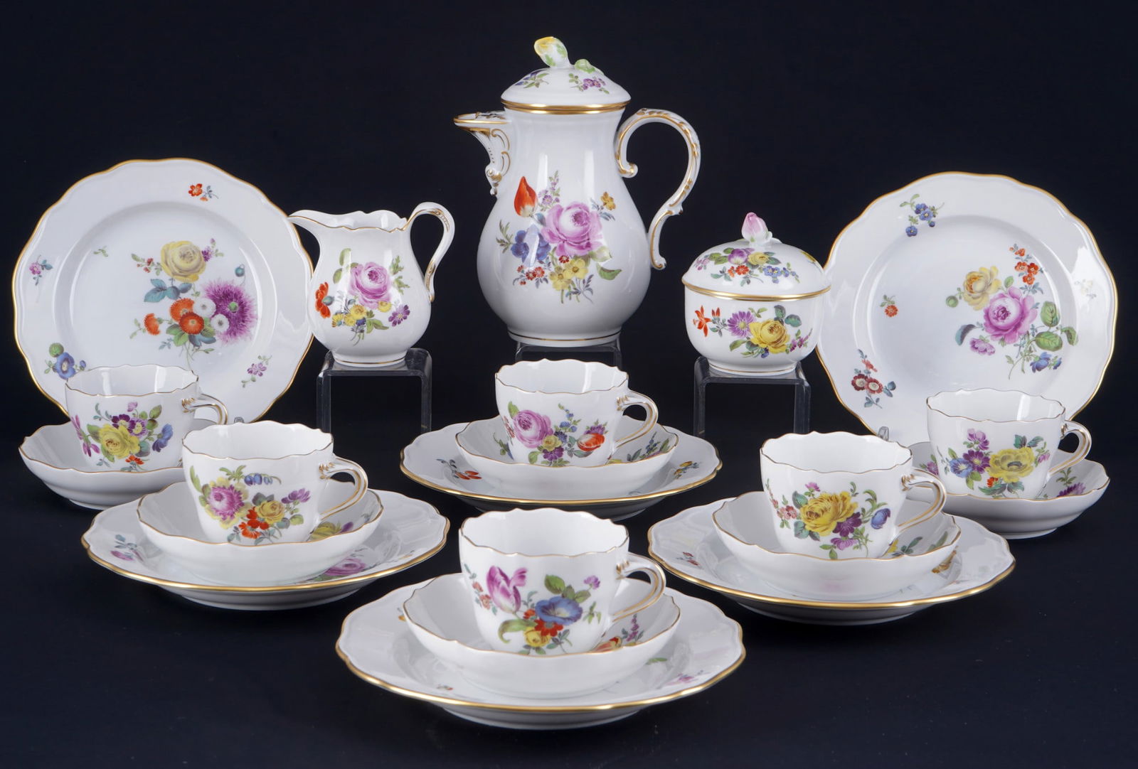Meissen Bouquet of Flowers Old Manner mocha service for 6 persons 1st choice, (1 of 5)