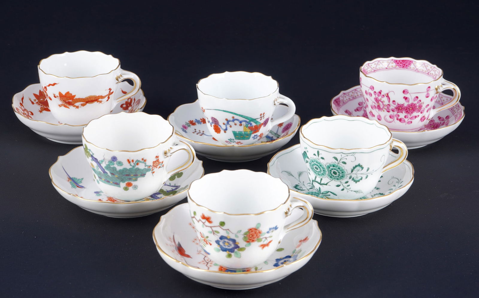 Meissen Kakiemon 6 mocha cups 1st choice - various decors,: porcelain, blue sword mark 1st choice, 1x Pfeiffer period 1924-1934 and 1x knob mark 1815-1924, decor Kakiemon - including Indian Bird Model Green, Three Friends, Old Yellow Lion, Indian Rock, Rlower