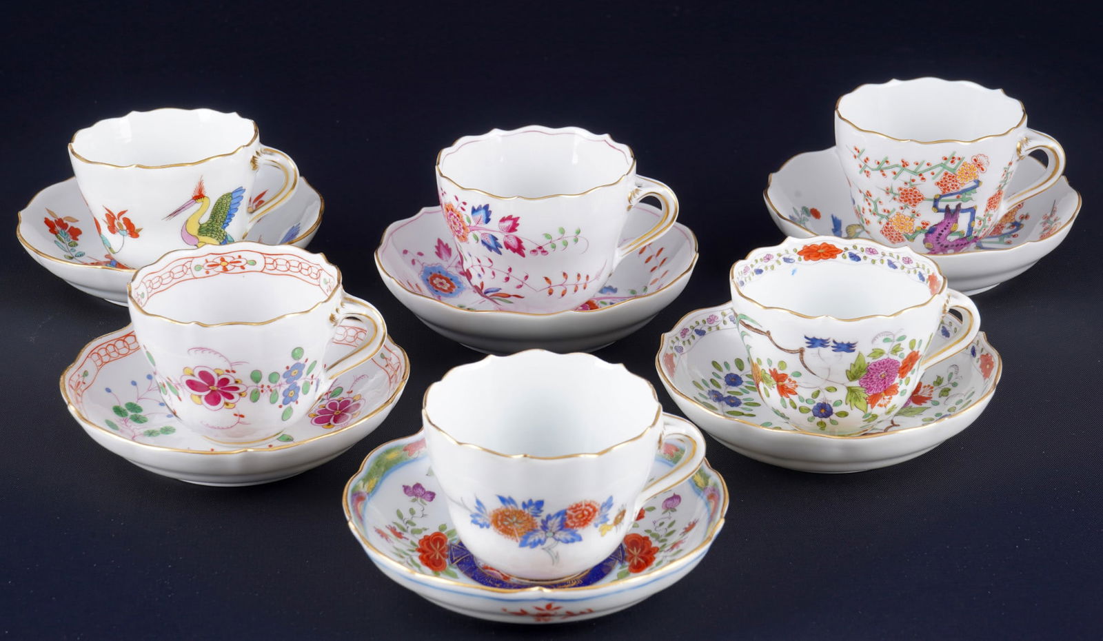 Meissen Kakiemon 6 mocha cups 1st choice - various decors,: porcelain, blue sword mark 1st choice and 1x 3rd choice (Indian Bird Model Colourful), 2x Pfeiffer period 1924-1934 and 3x knob mark 1815-1924, decor Kakiemon - including Indian Bird Model Colourful,