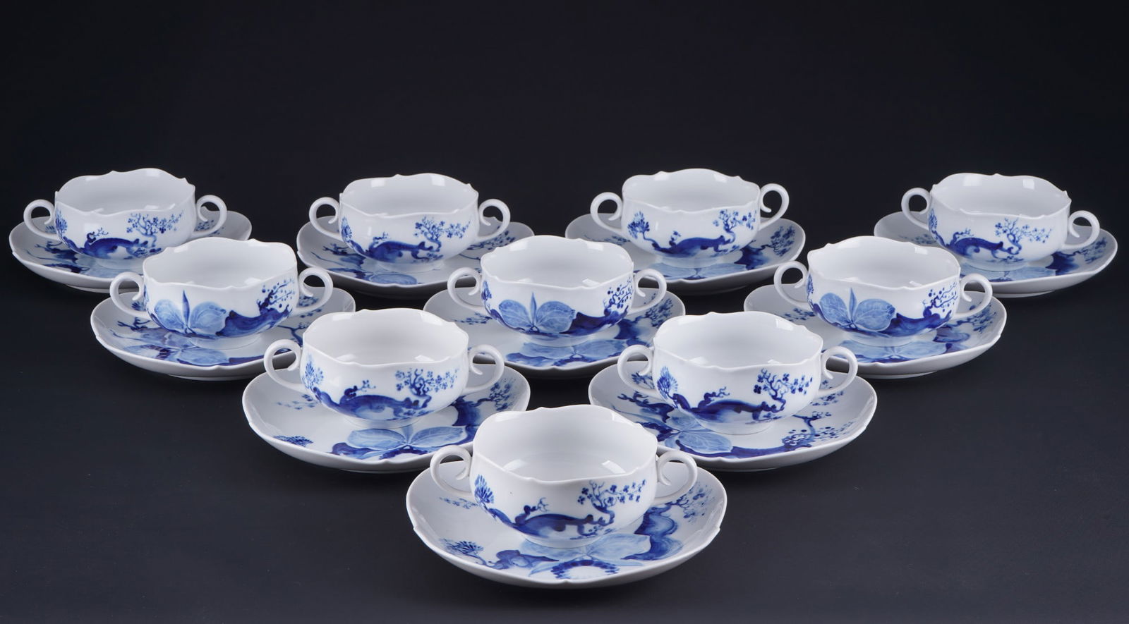 Meissen Blue Orchid 10 soup bowls,: porcelain, blue sword mark 1st - 3rd choice, decor Blue Orchid on Branch, 10x soup bowls (3x 1st choice) H 5.5 cm x D 10.5 cm, 10x saucers (3x 1st choice) D 18.5 cm