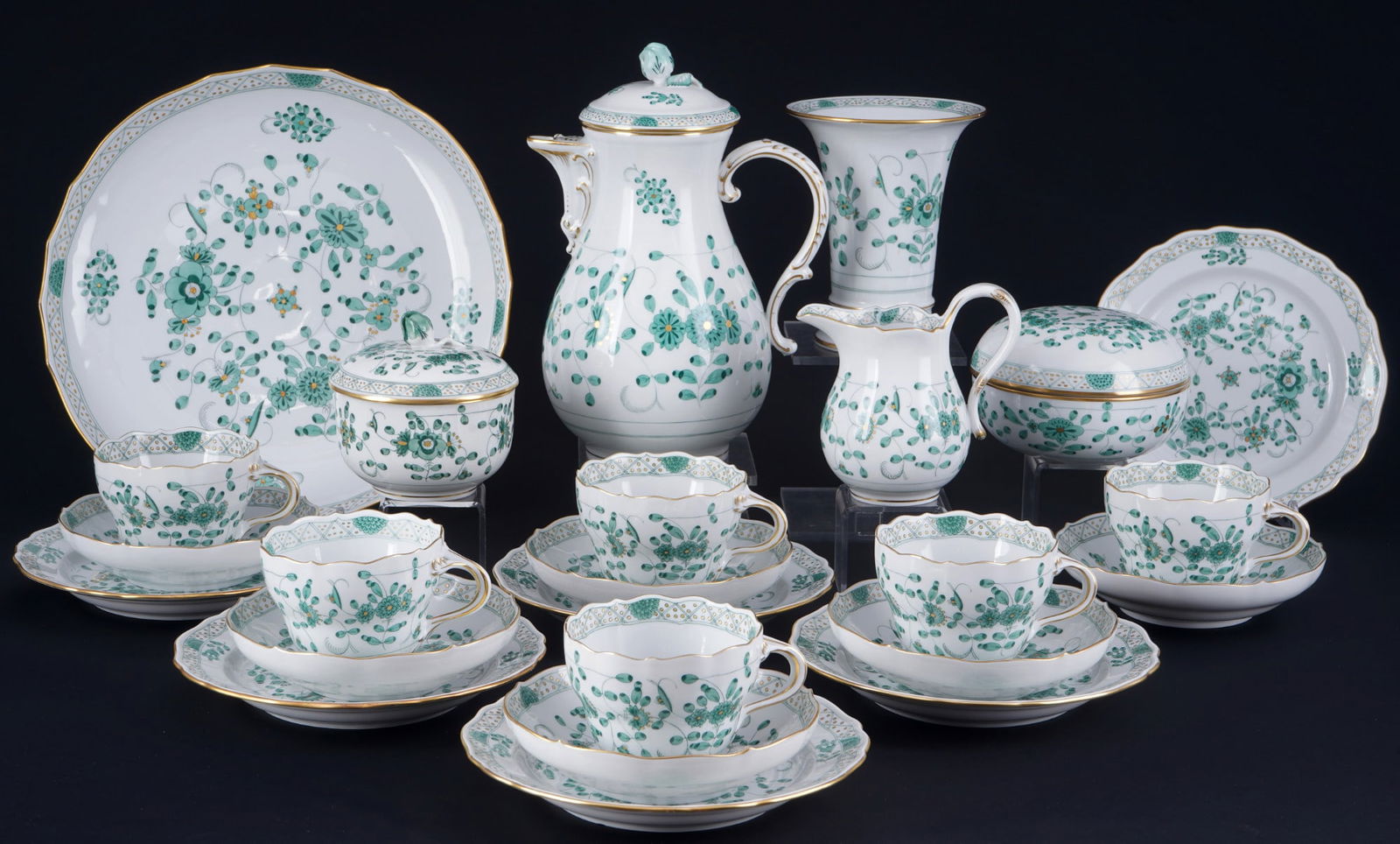 Meissen Indian Green Rich coffee service for 6 persons 1st choice, (1 of 8)
