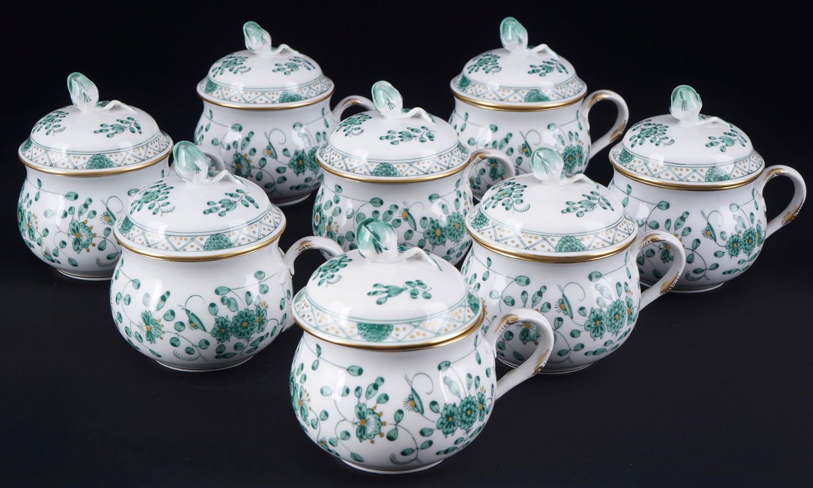 Meissen Indian Green Rich 8 chocolate cups 1st choice,: porcelain, blue sword mark 1st choice, decor Indian Green Rich, decor no. 343310, 8x H 8.5 cm x D 7 cm