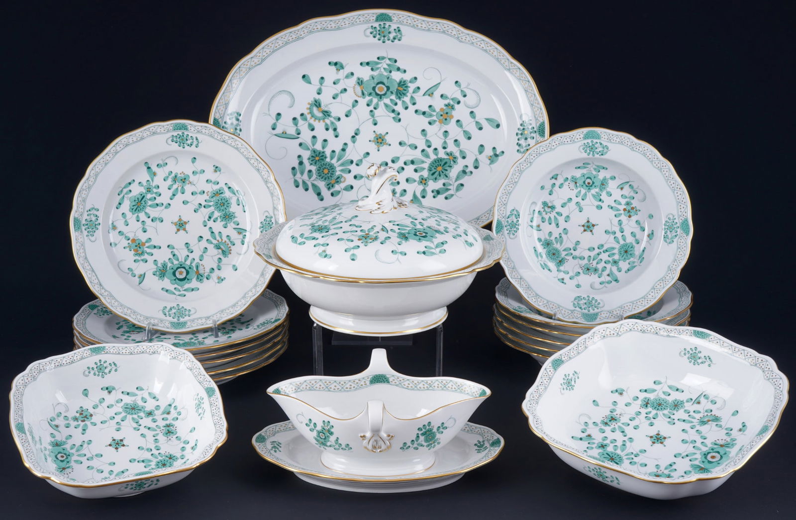 Meissen Indian Green Rich dinner service for 6 persons 1st choice, (1 of 10)