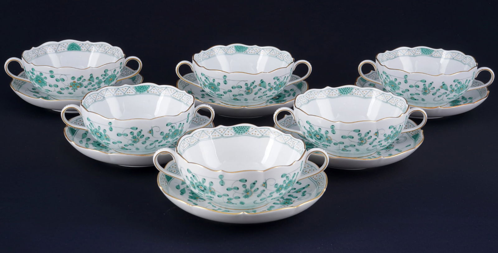Meissen Indian Green Rich 6 soup bowls 1st choice, (1 of 3)