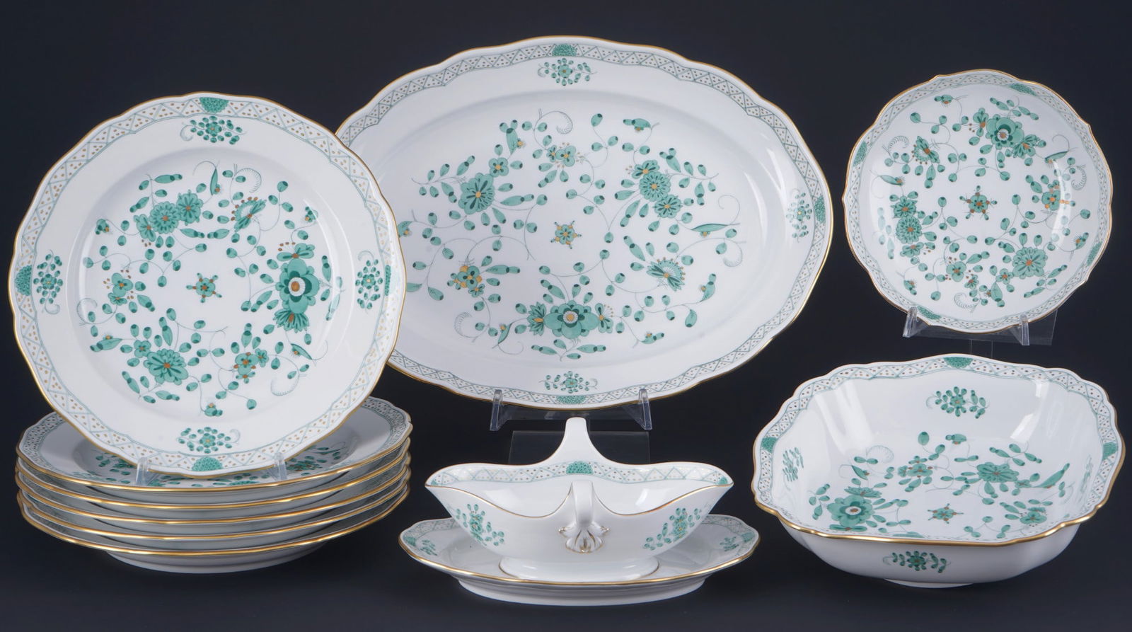 Meissen Indian Green Rich dinner service for 6 persons 1st choice, (1 of 7)