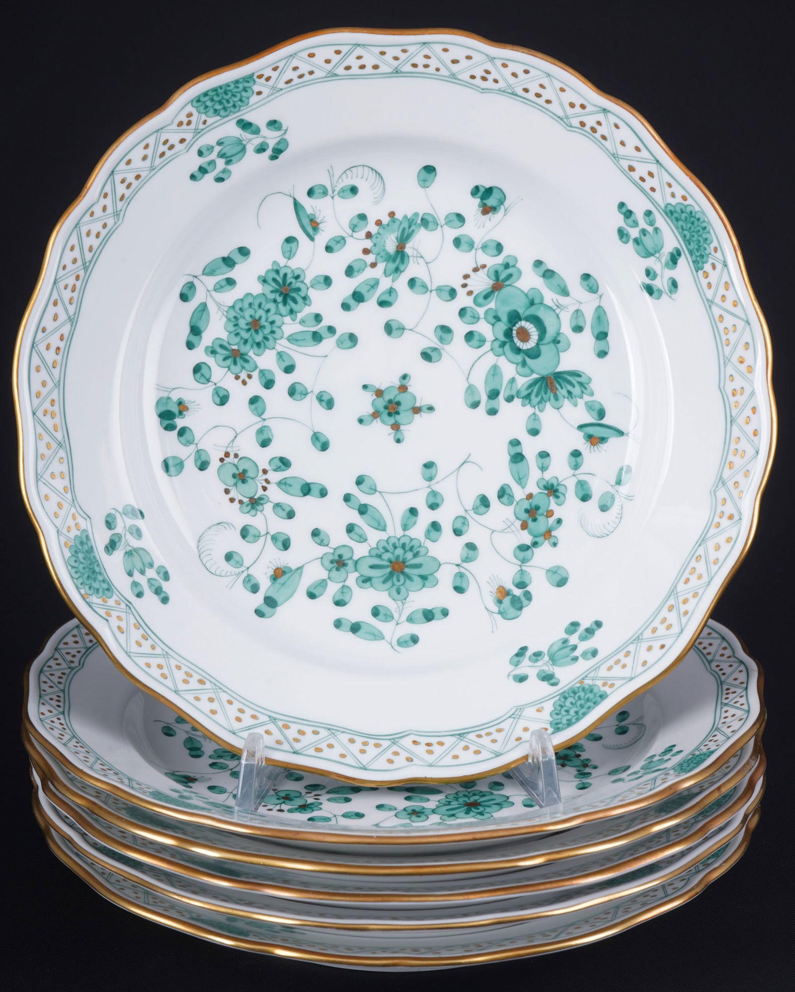 Meissen Indian Green Rich 6 dessert plates 1st choice,: porcelain, blue sword mark 1st choice, decor Indian Green Rich, decor no. 343310, 6x D 20 cm